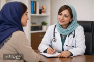 تصویر از یک زن در حال مشاوره با پزشک متخصص زنان
